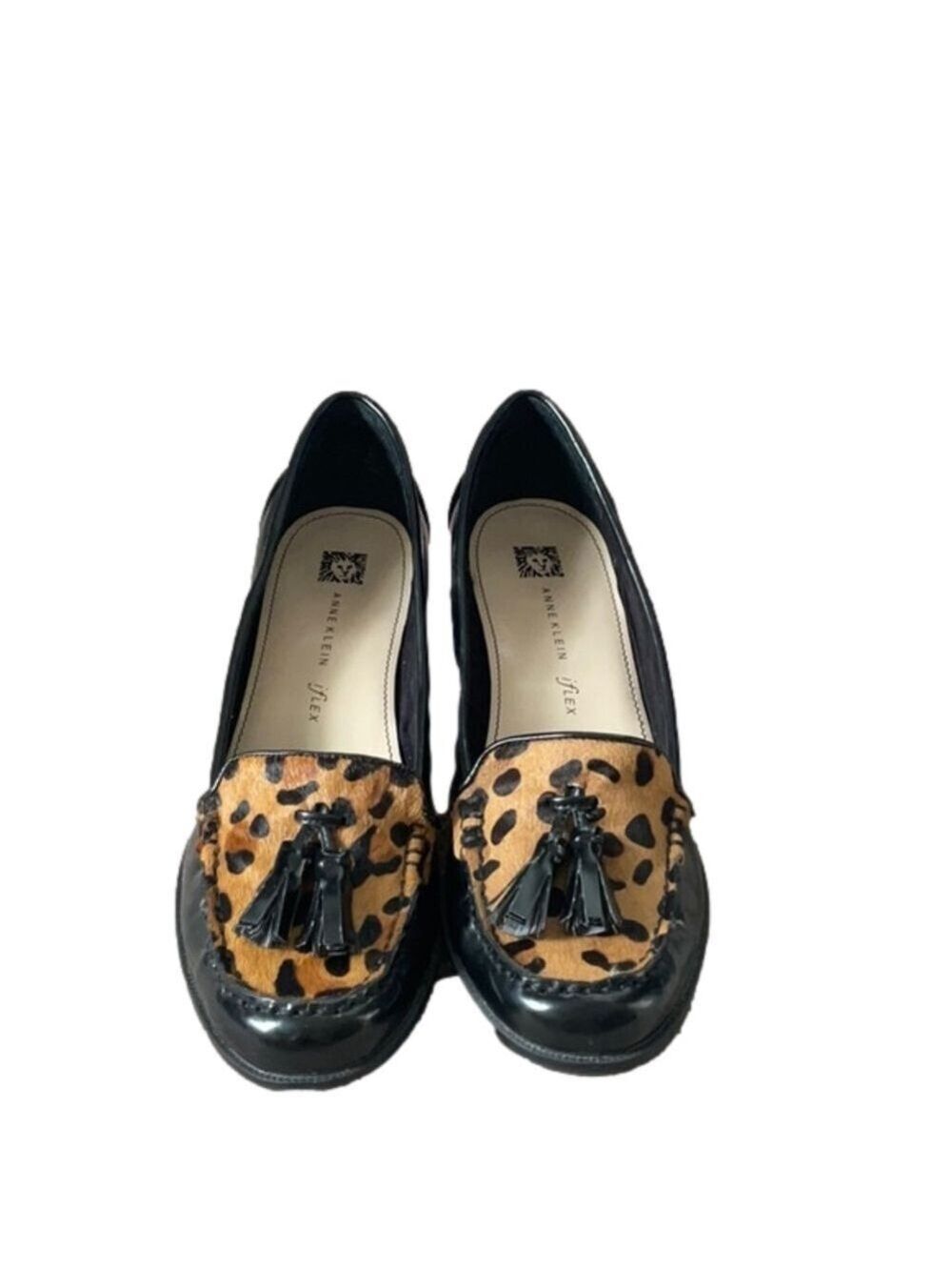 ANNE KLEIN DEZIREE PATENT LEATHER ANIMAL PRINT TASSEL MOCCASIN 8.5